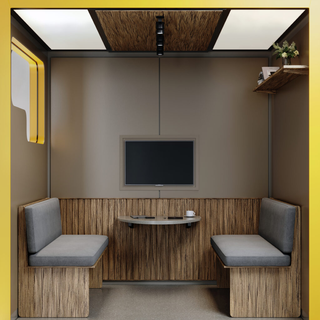 product Stiltecabine gemaakt van solid surface in houtdecor