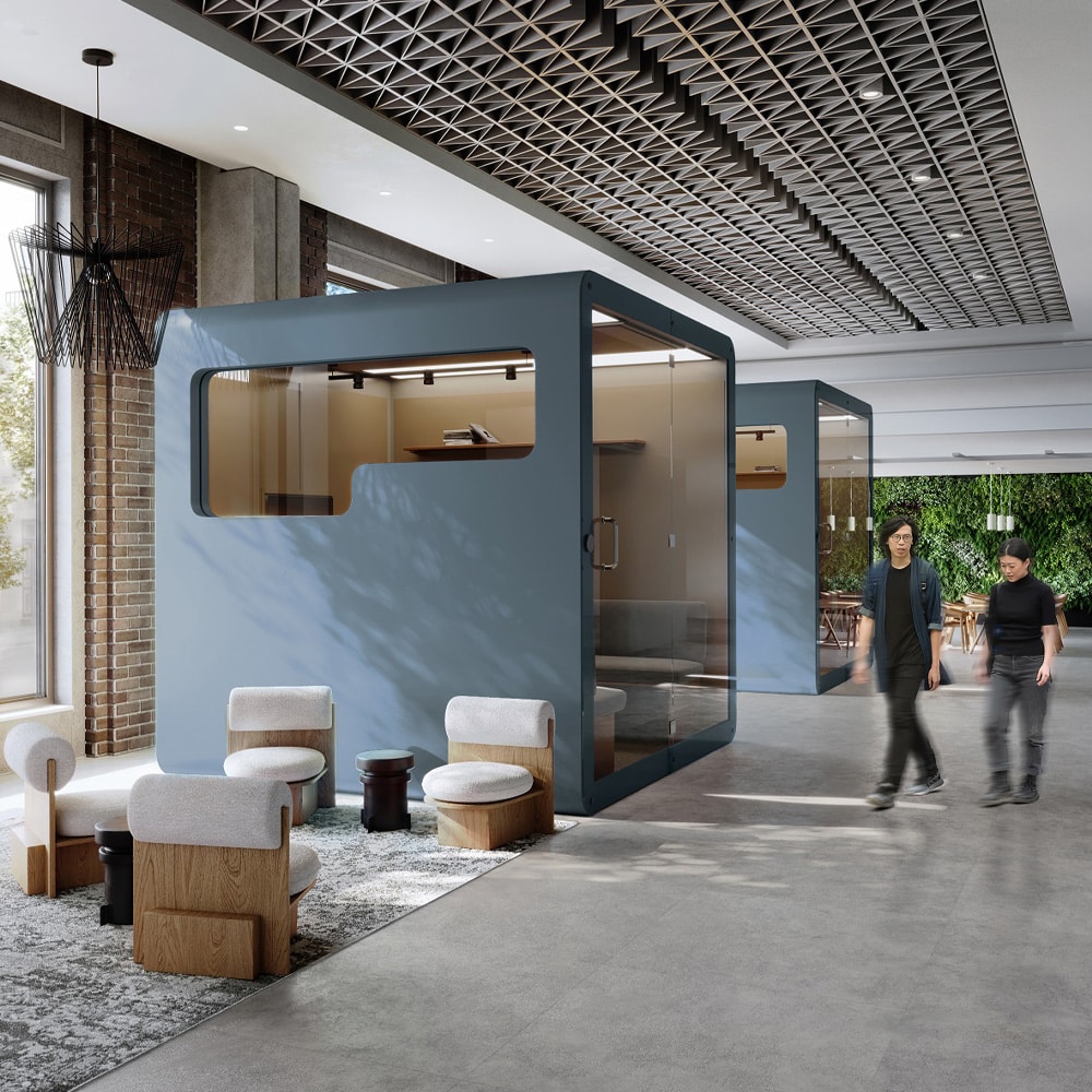 Akoestieke ruimte gemaakt van solid surface Durasein DM1023 Blue Mist