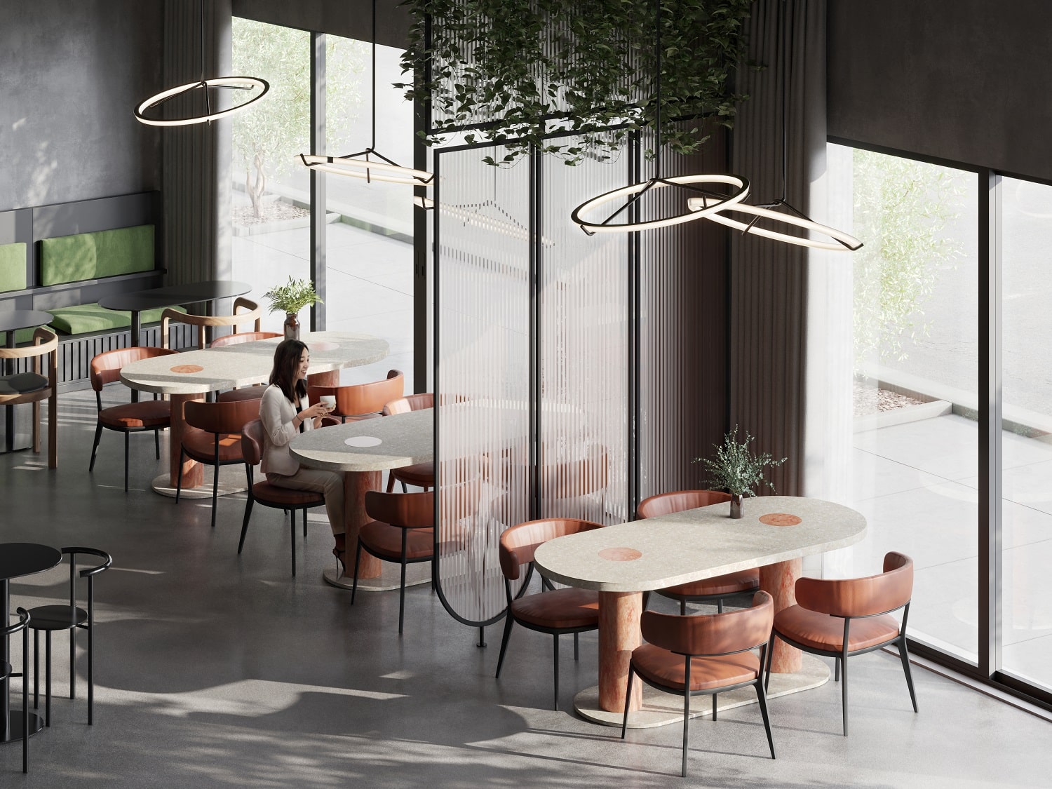 Cafe met tafels en stoelen in solid surface DM3042 Seeded Durasein