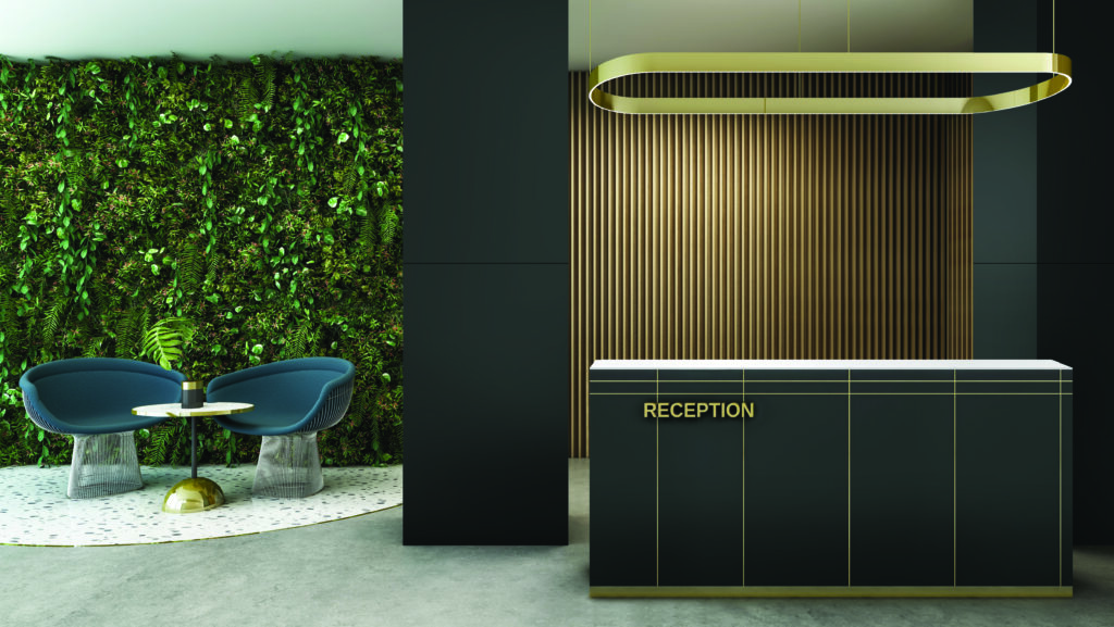 product Rendering receptiebalie donkergroen plaatmateriaal