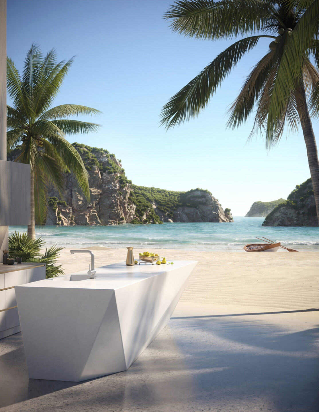 Buitenkeuken in solid surface van Durasein op het strand met zee en palmbomen