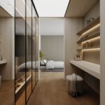 Render van een inloopkast naast de slaapkamer uitgewerkt in twee decors van Cleaf: de witte LS63 Ceppo en de bruine FD33 Alpaca welke de illusie van natuurlijke textielvezels geeft