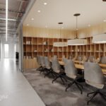 Render van een open vergaderruimte in een kantoor. Een grote wandkast is uitgevoerd in decoratief plaatmateriaal in houtdecor LS64 Ceppo van Cleaf