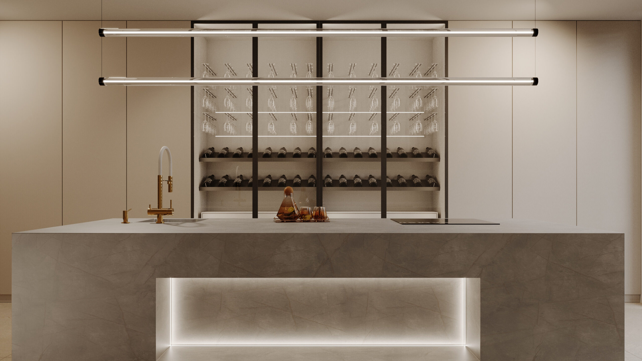 Render van keuken met de grijze natuursteen look van de FD21 Concreta