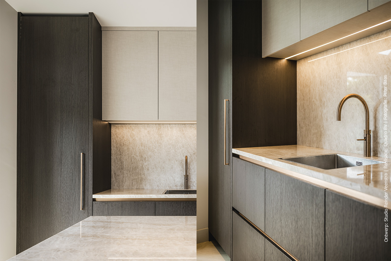 Moderne keuken met kasten in donkerbruin houtdecor S181 Quercia en hangkasten met een linnen structuur in FA44 Penelope