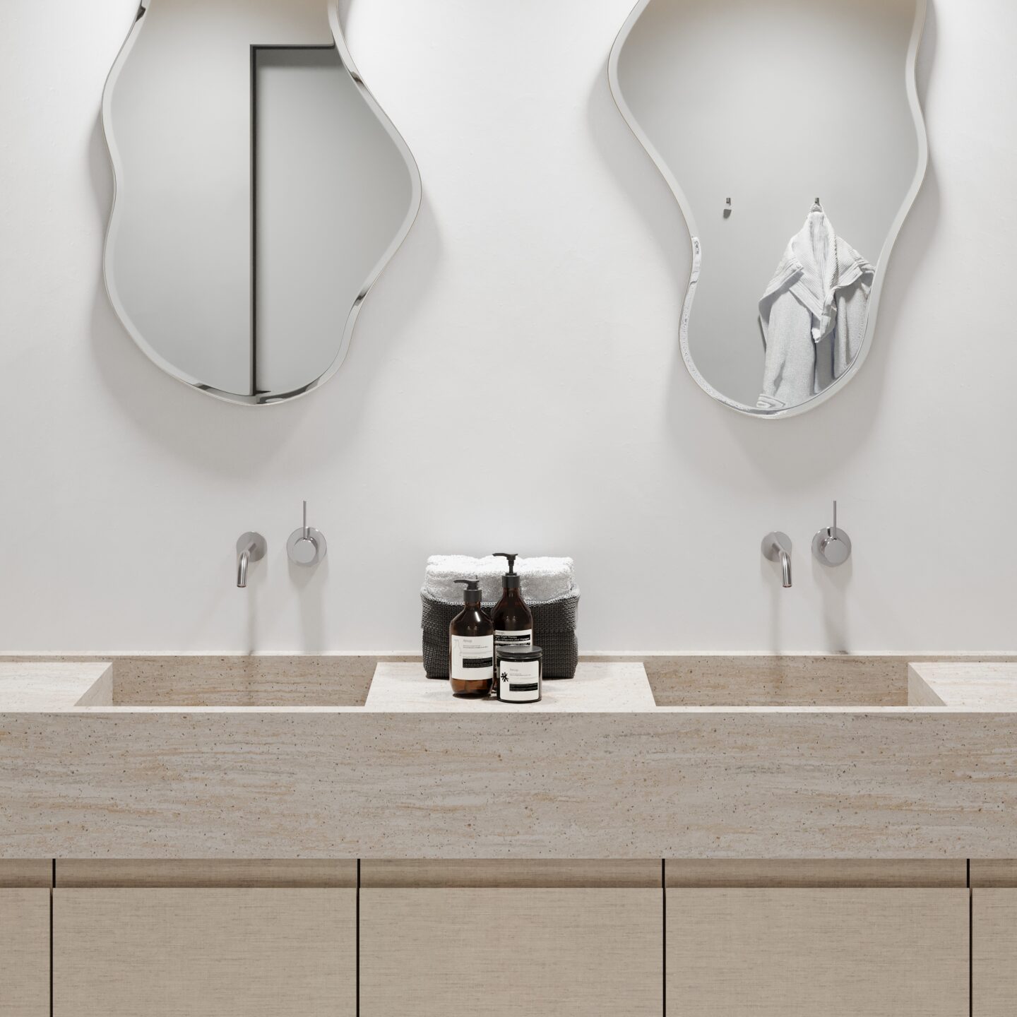 Render van een badkamer, ontworpen in het solid surface decor DM5016 Travertine, welke warme kleurnuances in beige en bruin samenbrengt in een levendig patroon.