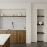 Render van een keuken uitgevoerd in solid surface decor DM5028 Bianca Sabbia van Durasein, welke de look van glas-, graniet- of zandsteen korrels heeft.