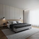 Renderbeeld van hotelkamer met decoratief plaatmateriaal met leerstructuur in grijze kleur FC24 Primofiore