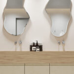 Render van een badmeubel met kalkachtige UB20 Ares van Cleaf en een bovenblad in Durasein® solid surface houtdecor DM5031 Hickory