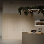 Een render van een horecagelegenheid met een bar uitgewerkt in solid surface decor DM2003 River Bed van Durasein, welke een interessante kleurmelange heeft. De wandafwerking uitgewerkt in het decor UA80 Talco van Cleaf