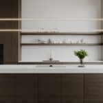 Render van een keuken met eiland, uitgewerkt in de S218 Doga van Cleaf, een houtdecor met dynamisch lijnenspel, en DM5018 Bianca Sabbia van Durasein, welke een subtiel, vloeiend lijnenspel toont in een gebroken witte solid surface basis