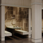 Renderafbeelding van een kantoorruimte waarin de wandafwerking is uitgewerkt in de LS92 Matrice, tafelblad in PM6069 Clover en rand op de muur in HM02 Piombo