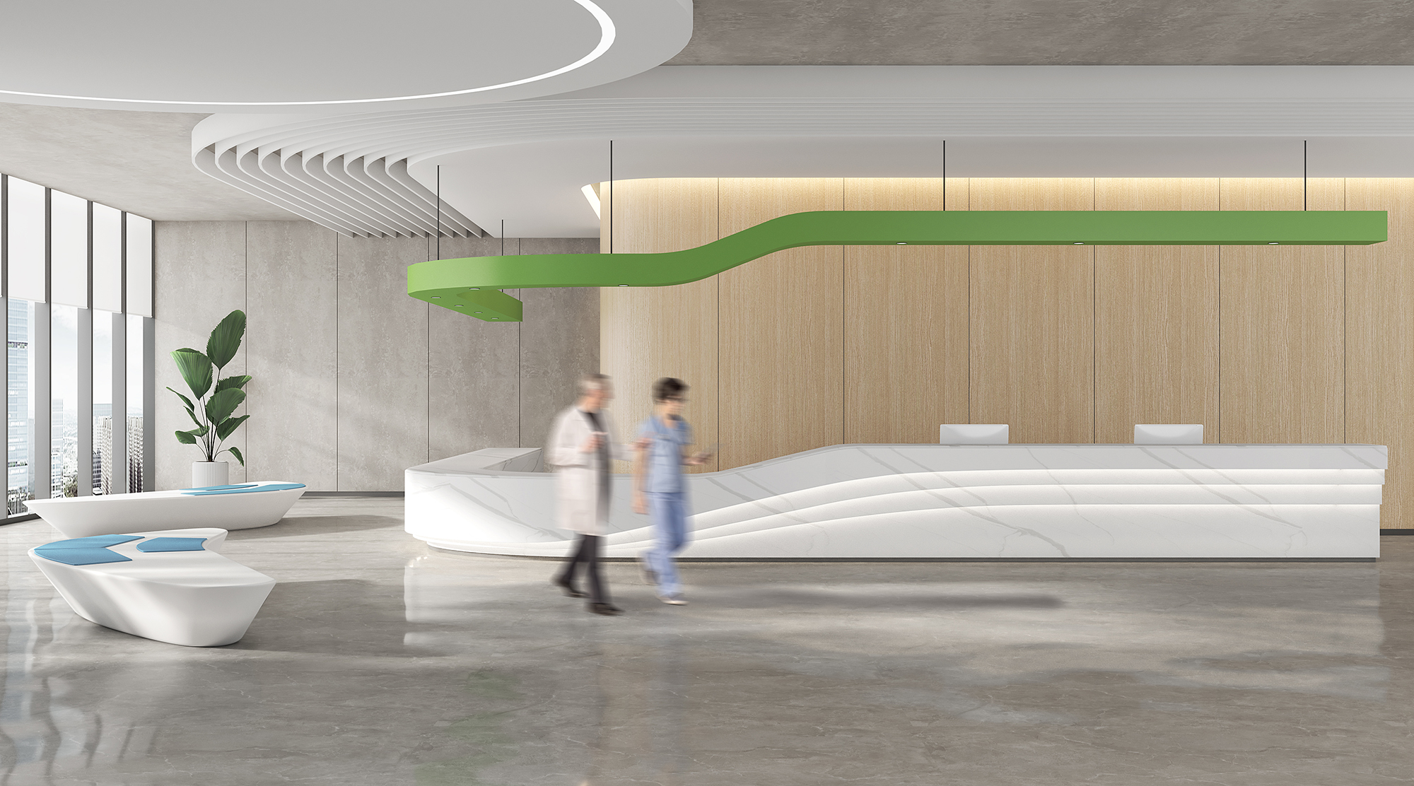 Renderafbeelding van een balie uitgewerkt in het solid surface decor Ever After van Durasein