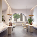 Renderafbeelding van een horecazaak met tafels uitgewerkt in het solid surface decor Hickory van Durasein