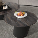 Renderafbeelding van een bijzettafel uitgewerkt in het donkere solid surface decor Volcano van Durasein