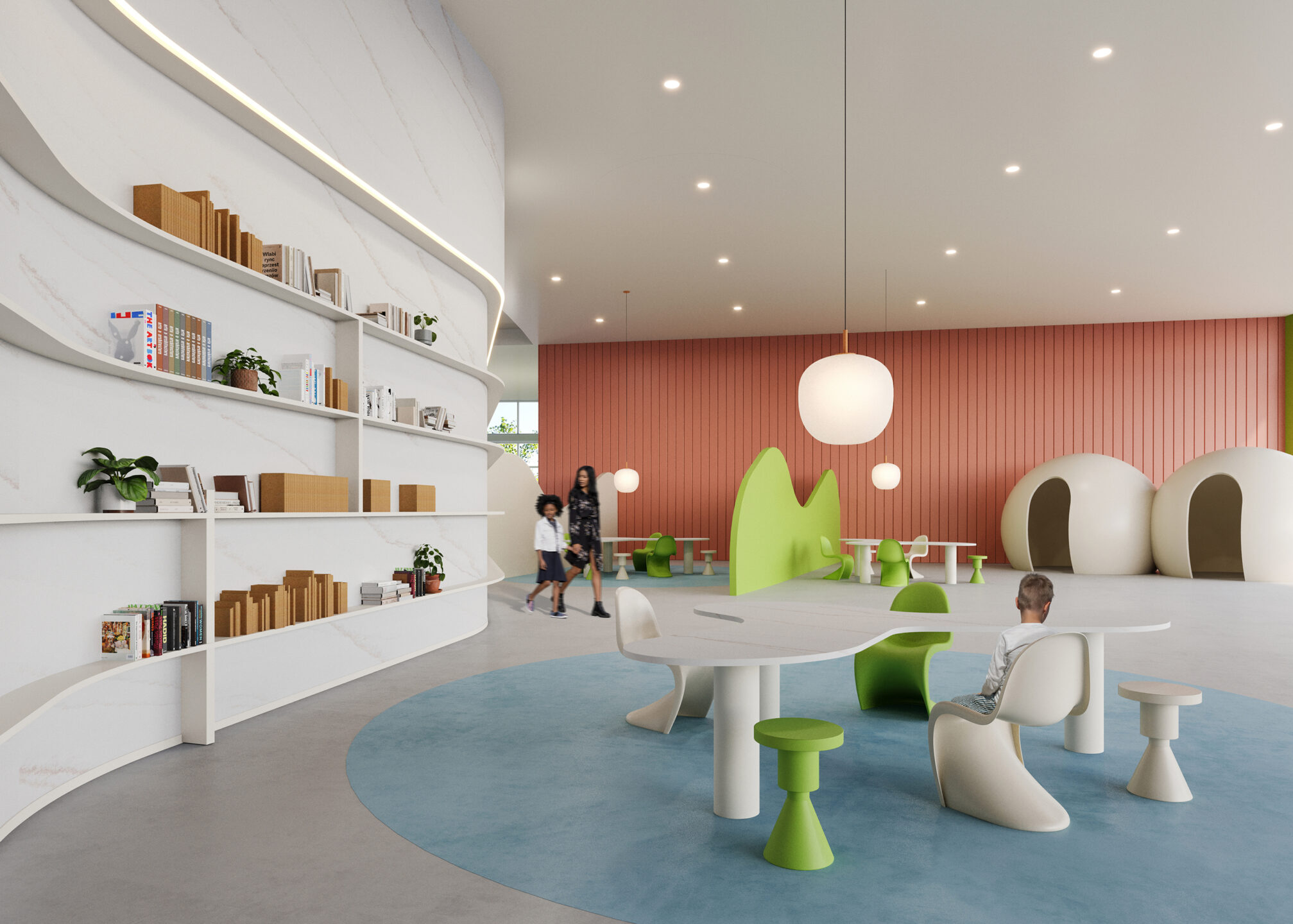 Render van een aula met tafels en hubs uitgewerkt in het solid surface decor Sun Kissed van Durasein 