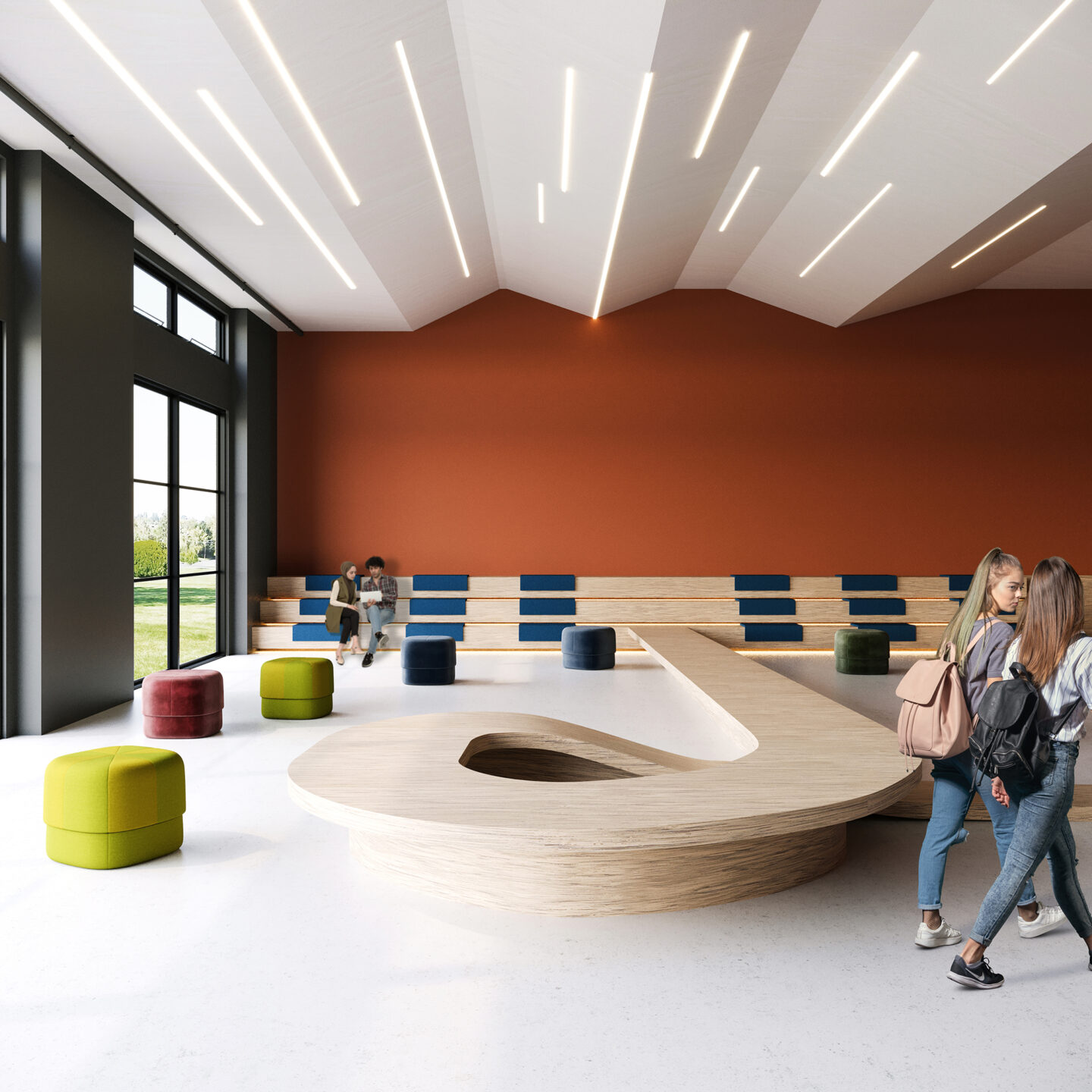 Render van een aula op een school met een tafel uitgewerkt in het solid surface decor Hickory van Durasein 