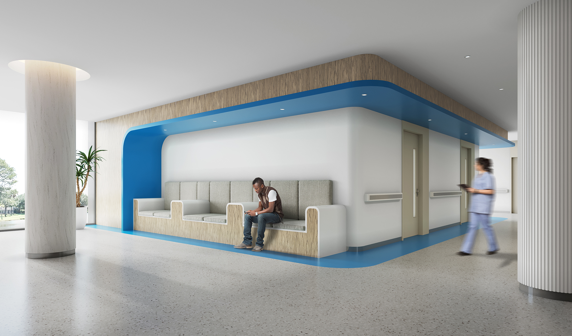 Renderafbeedling van een zorginstelling met maatwerk uitgewerkt in de Hickory en Sea Blue van Dursaein 