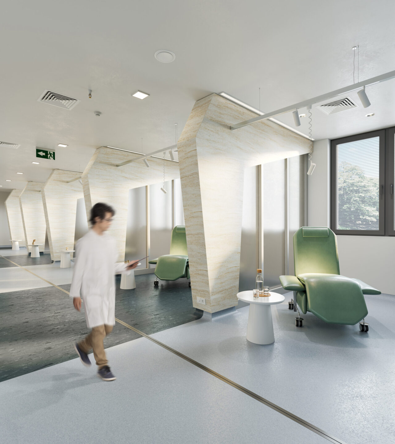 Renderafbeelding van een zorginstelling waar de pilaren zijn vervaardigd in de Weathered Wood van Durasein 