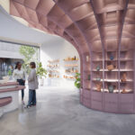 Renderafbeelding van een opvallende wandafwerking in het roze solid surface decor Bohemian van Durasein