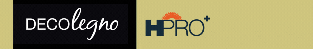 Een banner waarin het logo van Houtpro+ en het Interieurpaviljoen worden getoond. 