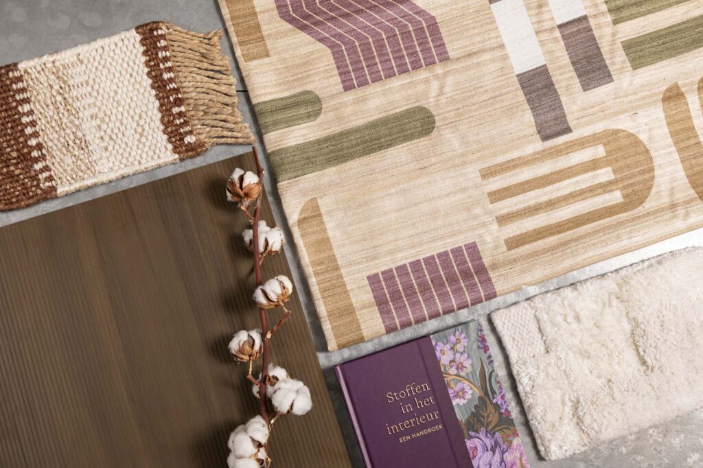 Decoratief plaatmateriaal LS69 Traccia moodboard warm hout decor met verticale belijning gecombineerd met stoffen in het interieur boek en kleurrijke meubelstoffen en een katoentak